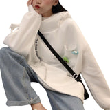 GirlKino Cartoon Lover's Cute Long Sleeve Sweatshirt Loose Printing Tops Casual High Collar Pocket Frog Head Warm Hoodie Pullover
