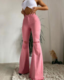 GirlKino  New Women Denim Flared Pants High-Waisted Button Holes Ripped Bodycon Bell-Bottoms Trousers Solid Tight Summer Clothing