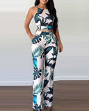 2022 Women Summer Spring Casual Sleeveless Tropical Print Crop Top & Long Pants Set Vacation 2PCS Set