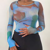GirlKino Y2K Tie Dye Print Crop Top Mesh Sheer See Through Long Sleeve T-Shirt Women Summer Sweat Tee E-Girl Aesthetic Streetwear