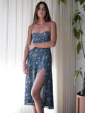 Girlkino  Split Vestidos Retro Dresses Slim Chic Dress Vintage Blue Floral Print Tube Top Women Dress