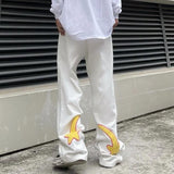 GirlKino Gothic Punk White Jeans Hip Hop Straight Trousers Men And Women Korean Version Fashion Loose Embroidery Jeans Sweatpants