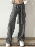 GirlKino Retro America Summer Cargo Pants Women Bottom Korean Fashion Grey Pocket Sweatpants Trousers Women Streetwears Pants