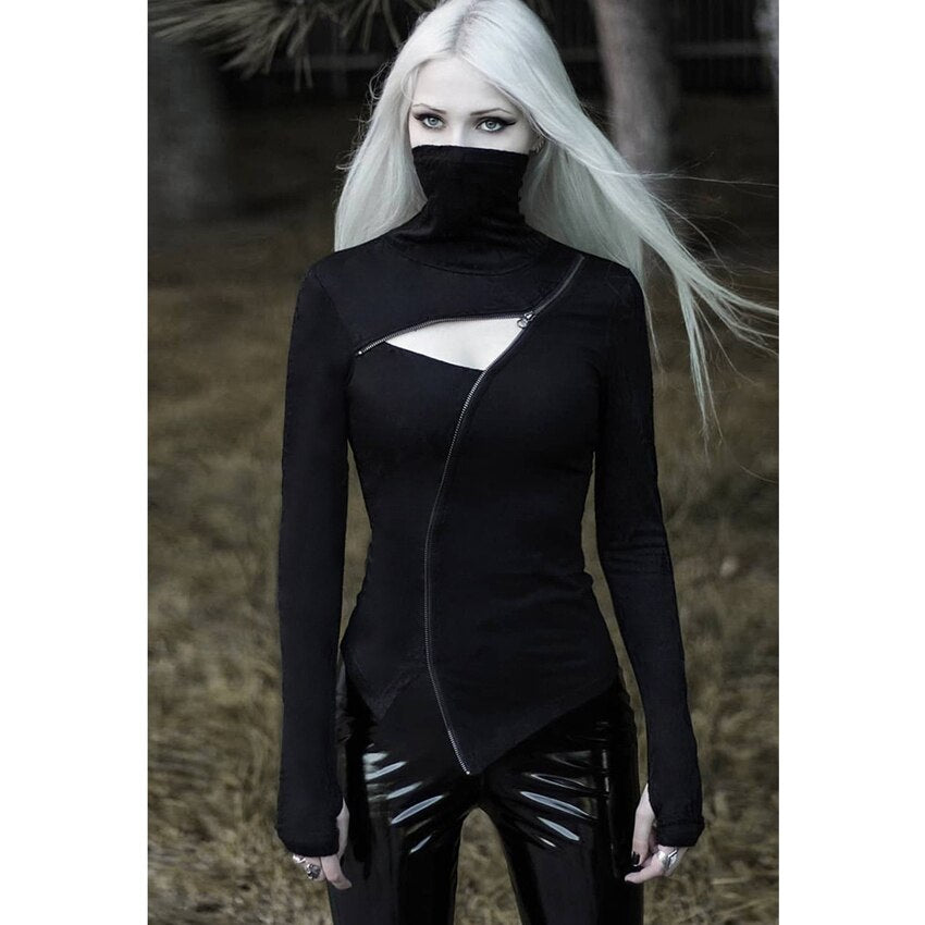 GirlKino Halloween Medieval Cosplay Women Turtleneck Black Tops Gothic Punk Zipper Sexy Hollow Out Long Sleeve T-Shirt Carnival Party Goth Costumes