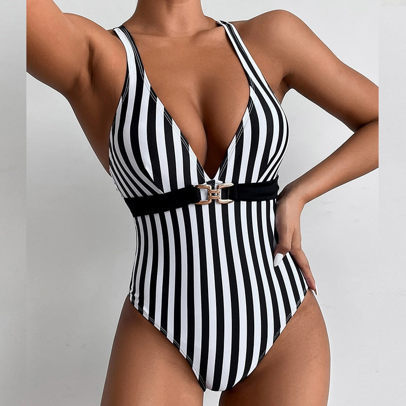 GirlKino Sexy Striped Cross Shoulder Strap One Piece Swimsuit Fashion Women Push Up Bodysuit Brazilian Deep V Neck Backless Bathing Suit