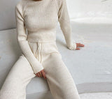 GirlKino 2022 Women Set Sweater Top Long Sleeve And Biker Pants Autumn Winter White Casual Two Piece Set Warm Outfits Knitted