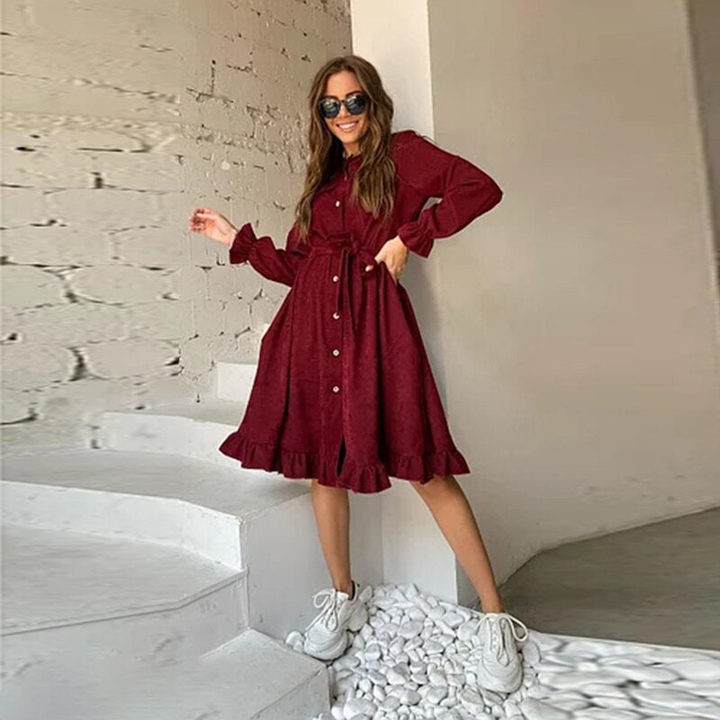 GirlKino Casual O-Neck Corduroy Belt Ruffle Dress Autumn Flared Sleeves Single-Breasted Office Lady A-Line Dresses For Women
