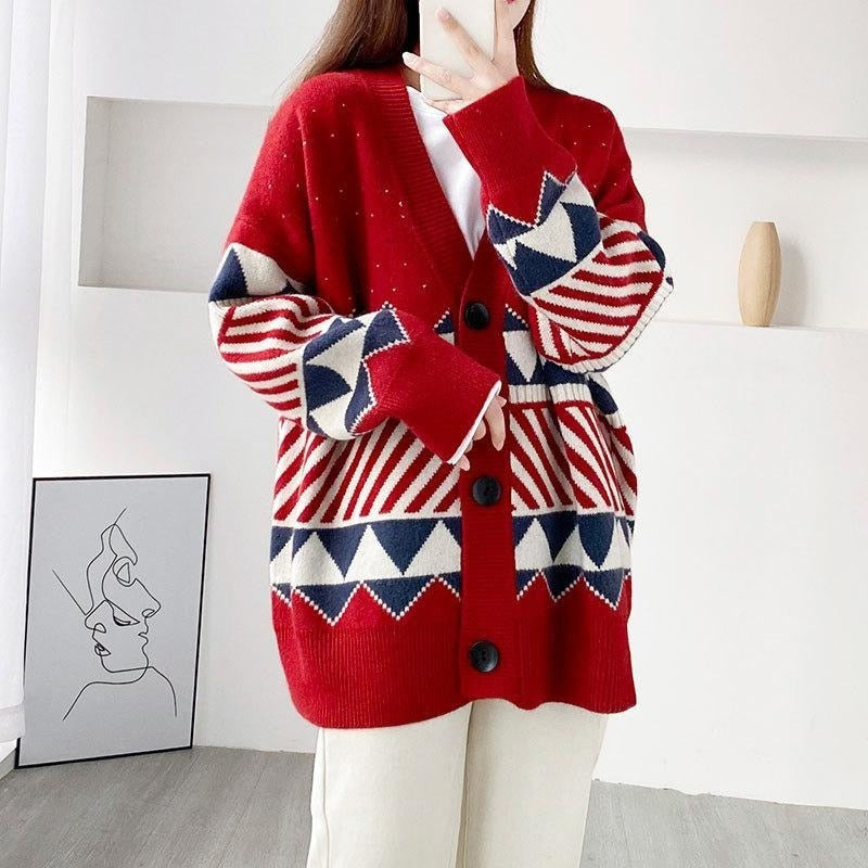 GirlKino 2022 Jacquard Knitted Cardigan Lazy Style Loose Outer Jacket V-Neck Jumper Button-Up All-Match Female Loose Top Autumn Winter