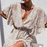 GirlKino Women Sexy Deep V Neck Leopard Print Mini Dress Summer Fashion Back Button Ruffle Short Sleeve Chiffon Woman Beach Dresses Robe