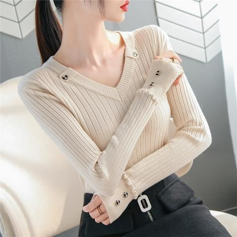 GirlKino 2022 NEW Autumn Women Sweater Knitted Long Sleeve Casual V-Neck Pullovers Slim-Fit Tops Vintage Button Office Chic Sweater