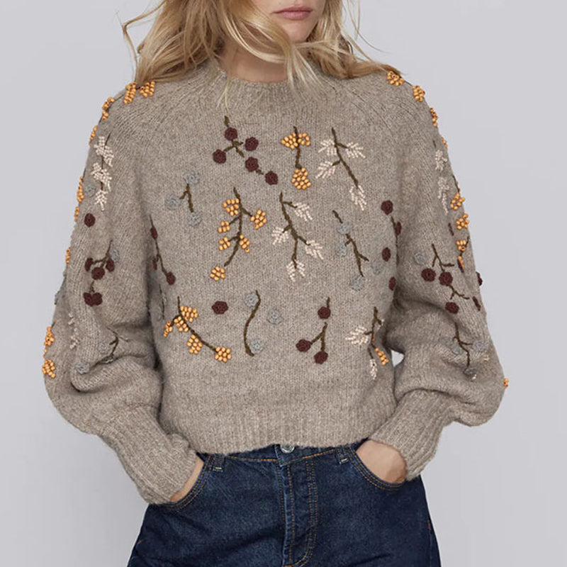 GirlKino 2022 Winter Women Sweater Vintage Long Sleeve Pullover Chic Flowers Beaded Harajuku Knitted Sweateres Jumpers Top Femme