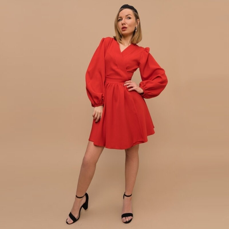 GirlKino V-Neck Belt Folds Puff Sleeve Casual Dress Autumn Loose Comfort High Waist Office Lady A-Line Dresses For Women