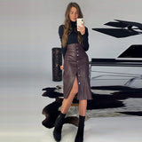 GirlKino Casual Single-Breasted PU Leather A-Line Midi Skirts Autumn Winter Home Wear Warm Office Lady Skirts New Arrival