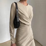 GirlKino Casual O-Neck Folds Slit Bodycon Dress Autumn Long Sleeve High Waist Elegant Party Midi Dresses For Women