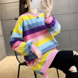 GirlKino Fashion Rainbow Color Sweatshirt Hoodies Women 2022 Loose Long Sleeve Pullover Female Spring Autumn Oversized Harajuku Striped