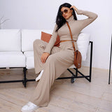 GirlKino Casual Ribbed 2 Piece Set Women Matching Sets Turtleneck Long Sleeve Crop Top Wide Leg Pant Outfits Solid Fitness Suit