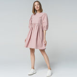 GirlKino O-Neck Puff Sleeve Folds A-Line Casual Dress Autumn Half Sleeve Loose Comfort Office Lady Midi Dresses For Women