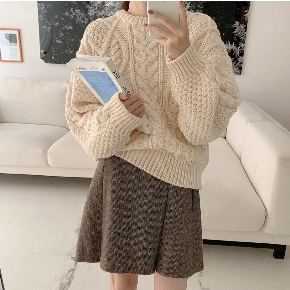 GirlKino New Overszie Women Sweater 2 Piece Sets Elegnat Knitted Suits Female Knitting Sweaters Vintage Womens Skirts High Waist Autumn