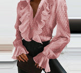 GirlKino Summer Ruffle Button Chiffon Blouse Spring Elegant Flare Sleeve Women Tops Blusa Office Lady Sexy V-Neck Pleated Blouse Shirt XL