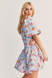 Girlkino 2022 Summer Women's Pleated Flower Print Mini Dress Fashion Square Neck Puff Short Sleeve Women's Mini Dress