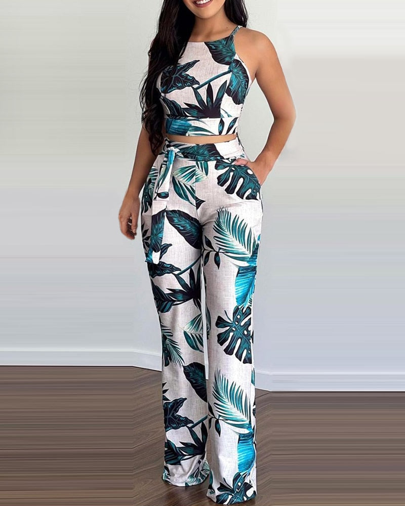 2022 Women Summer Spring Casual Sleeveless Tropical Print Crop Top & Long Pants Set Vacation 2PCS Set