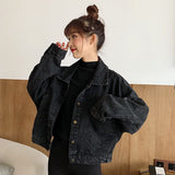 GirlKino Harajuku Black Denim Short Jacket Women Korean Loose Bomber Jacket Female Outerwear Streetwear Long Sleeve Casual Overcoat Mujer