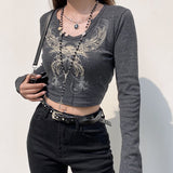 GirlKino Goth Print Cute Graphic T Shirts Women Black Techwear Long Sleeve Basic Autumn Tops Cropped Tee Shirt Girl Streetwear