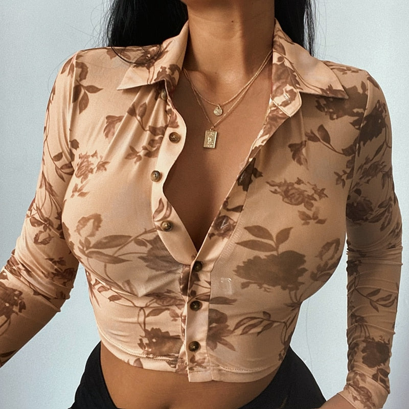 GirlKino Autunm Spring Mesh Blouse Women Sexy Transparent Button Up Long Sleeve Slim Fit Crop Top Vintage Print Female Sheath Shirt