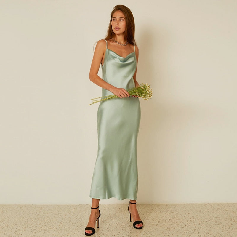 GirlKino Sexy Mint Green Strap Satin Party Dress Summer Elegant Backless High Split Loose Night Club Dresses For Women 2022