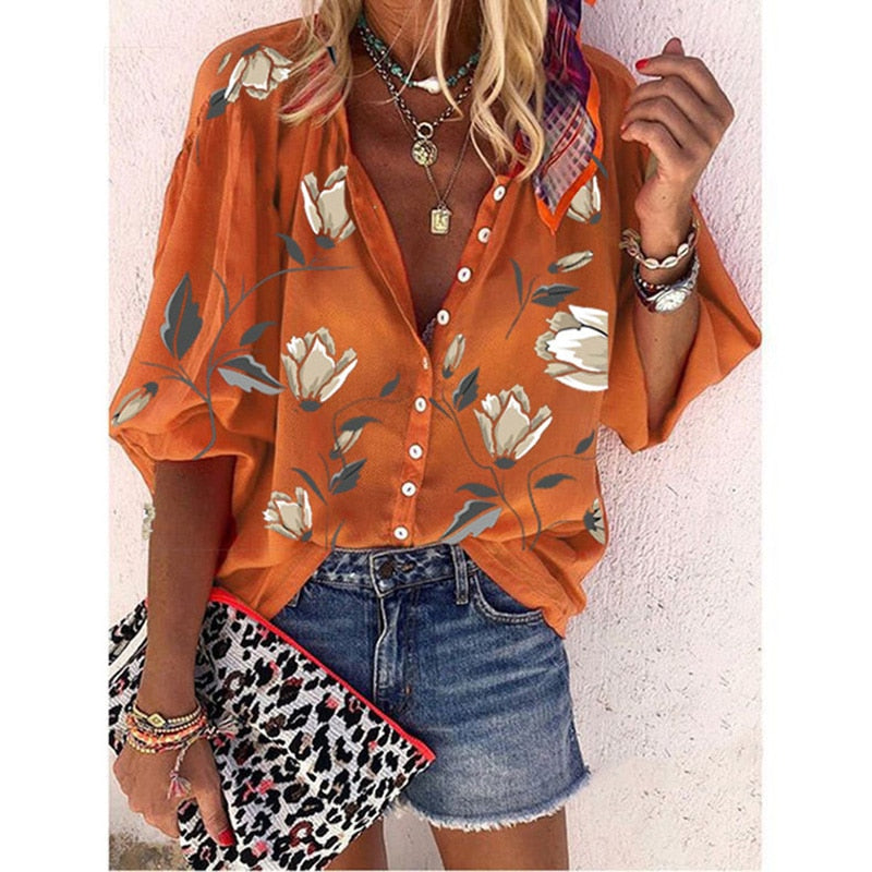 GirlKino Women Print Tops Boho Blouse Blue Turn Down Collar Long Sleeves Single Breasted Button Cardigan Loose Casual Plus Blouse