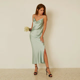 GirlKino Sexy Mint Green Strap Satin Party Dress Summer Elegant Backless High Split Loose Night Club Dresses For Women 2022