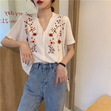 GirlKino Women's Short Sleeve 2022 Summer New Preppy Style Sweet Fresh Korean Print Embroidery Women's Loose Casual V-Neck T-Shirt Top