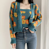 GirlKino Flower Print Cropped Cardigan Women Korean Fashion Casual Blue Sweater Single-Breasted Long Sleeven Tops + Knit Vest 2 Pcs Set