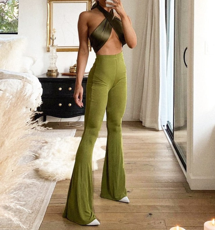 GirlKino Spring High Waist Flare Stretch Pants For Women Fashion Green Slim Long Trouser Streetwear Casual Solid Woman Pants