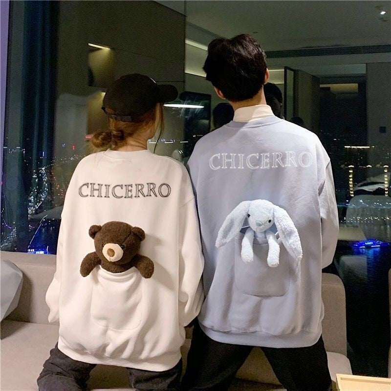 GirlKino Harajuku Embroidered Crew Neck Womens Sweatshirt Hoodie Clothes For Women Winter 2022 Clothes Cute Bear Big Pocket Couple Outfit