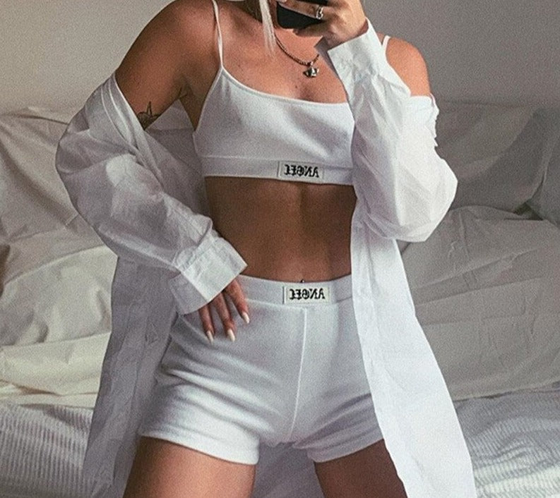 GirlKino FSDA Summer Ribber Women Set White Spaghetti Strap Crop Top And Mini Biker Shorts Embroidery Two Piece Sets Sexy Outfit Party