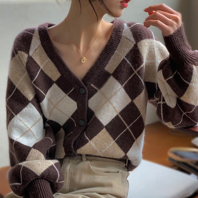 GirlKino Fall Women Clothing Oversize Womens Sweaters Autumn Vintage Loose Winter Sweater Knitted Women Cardigan Knit Button Rhombus