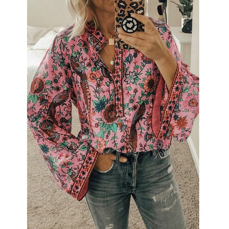 GirlKino 2022 Women Print Blouses Casual Loose Tops Stand V Neck Long Sleeves Button Plus Size Pullover Female Tee Shirts Blouse