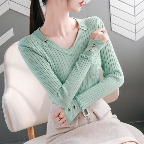 GirlKino 2022 NEW Autumn Women Sweater Knitted Long Sleeve Casual V-Neck Pullovers Slim-Fit Tops Vintage Button Office Chic Sweater