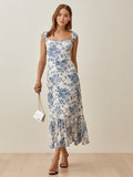 Girlkino Fashion Women French Vintage Flowers Print Slim Strap Dress 2022 Summer Sleeveless Female Lace-Up Midi Dress