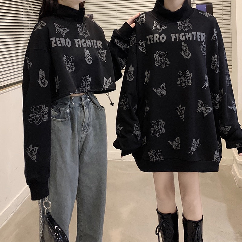 GirlKino Gothic Sweatshirt Women Butterfly Funny Print 2022 Autumn Fashion Tops High Street Punk Style Harajuku Turtleneck Pullover
