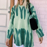 GirlKino Women Knitted Sweater Vintage Green Striped Print Sweater Oversized Pullovers Winter Streetwear Long Sweaters Tie Dye Outerwear