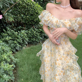 GirlKino Off The Shoulder Dresses Women Ruffles Floral Designer Fairy Elegant Dress Female Summer Evening Party Vintage Midi Dresses 2022
