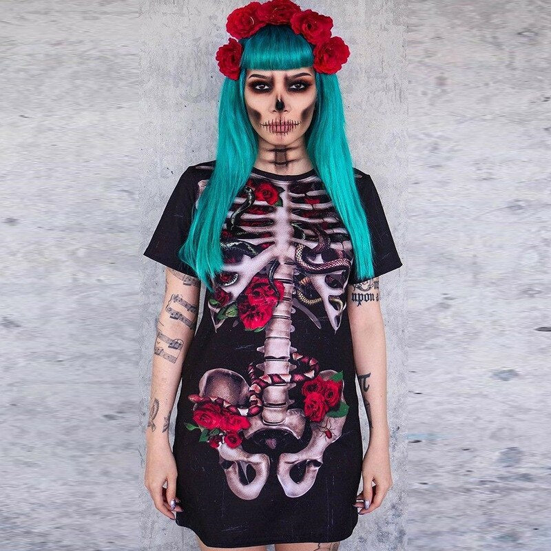 Halloween GirlKino Woman Halloween Bloody Skeleton Print Shirts Party Carnival Skull Rose Scary Zombie Night Club T-Shirt Tops Horror Bride Costume