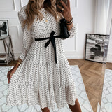 GirlKino Casual O Neck A Line Dot Midi White Dress Summer Lantern Sleeve Sashes Flounced Edge Chiffon Dresses For Women 2022