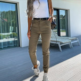 GirlKino Casual Pocket Button Skinny Pencil Pants Autumn Vintage Solid Zipper High Waist Ankle Length Pants  For Women 2022 New