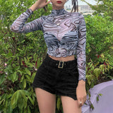 GirlKino Casual Long Sleeve T-Shirt Women Fashion Print Mesh Sheer Perspective Slim Fit Crop Top Female Tee Shirt Harajuku Korean Style