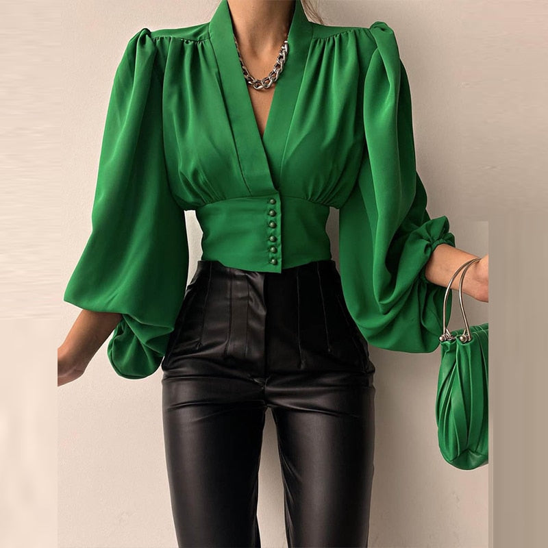 GirlKino Summer Turtleneck Satin Silk Women Blouse Sexy Hollow Out Backless Shirt Blouse Elegant Spirng Long Sleeve Pleated Tops Blusa XL