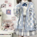 GirlKino Japanese Kawaii Sweet Cartoon Woman Cardigan Sweater 2022 Autumn Winter Student Girl Checkered Casual Sweter Women Cute Sweater