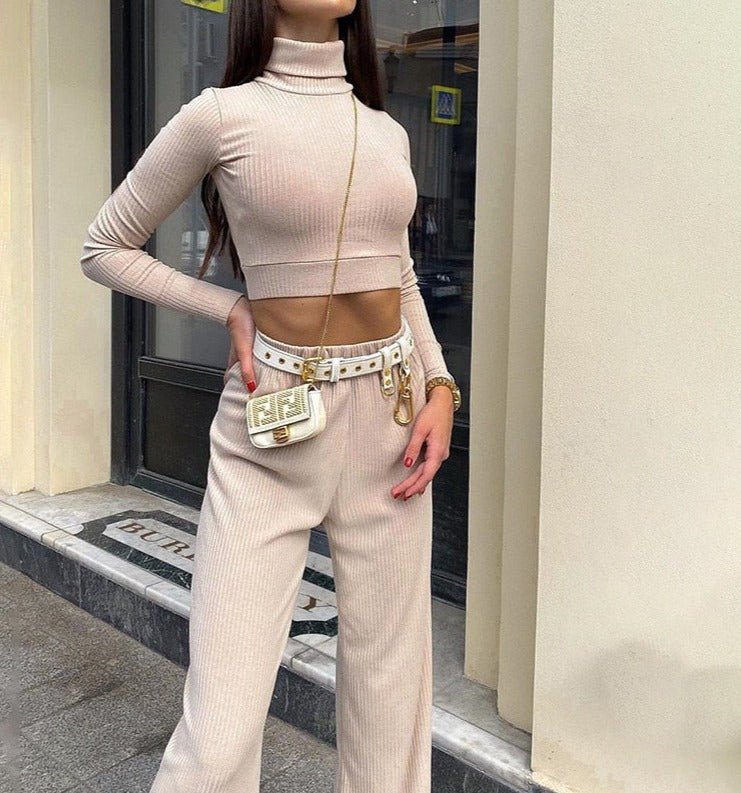 GirlKino Casual Ribbed 2 Piece Set Women Matching Sets Turtleneck Long Sleeve Crop Top Wide Leg Pant Outfits Solid Fitness Suit